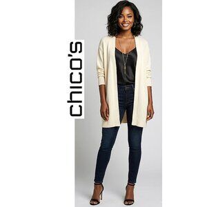 CHICO's - Long open knit cotton blend cream cardigan